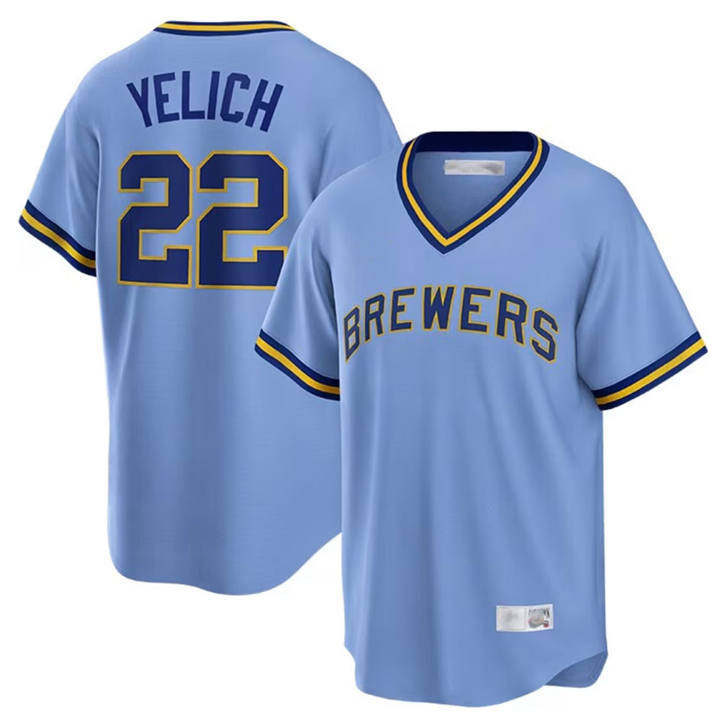 MATTH M.Brewers #22 Christian Yelich Player Light Blue Cooperstown Collection Game T-shirt Stitched Jerseys