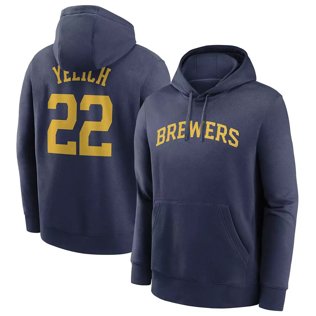 MATTH M.Brewers #22 Christian Yelich Player Navy Club Pullover Hoodie Game Stitched Jerseys