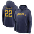 MATTH M.Brewers #22 Christian Yelich Player Navy Club Pullover Hoodie Game Stitched Jerseys