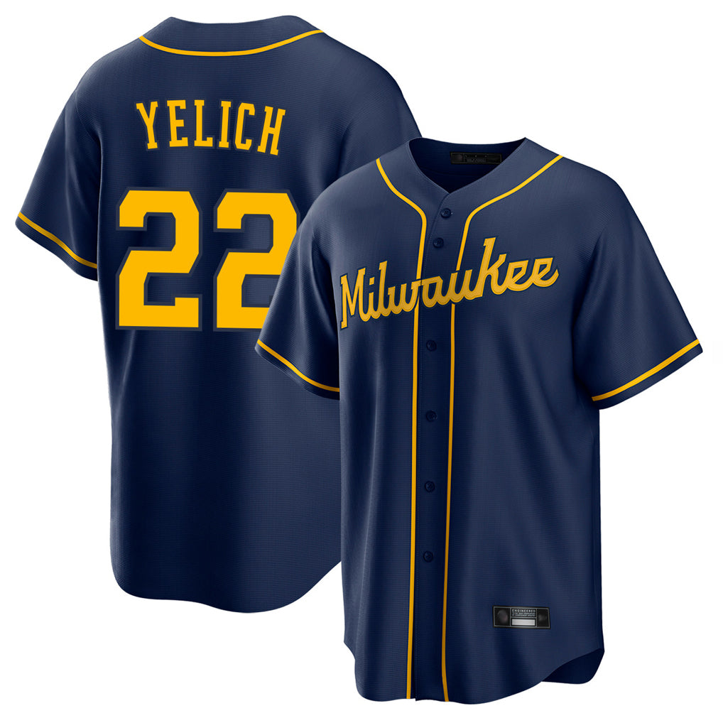 MATTH M.Brewers #22 Christian Yelich Player Navy Home Game Stitched Jerseys