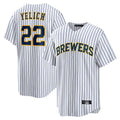 MATTH M.Brewers #22 Christian Yelich Player White Stripes Home Game Stitched Jerseys