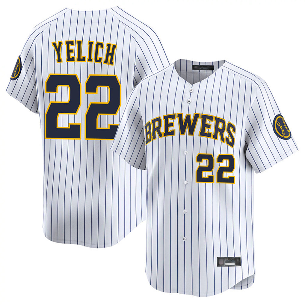 MATTH M.Brewers #22 Christian Yelich Player White Stripes Home Limited Game Stitched Jerseys