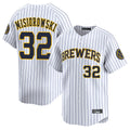 MATTH M.Brewers #32 Jacob Misiorowski Player White Stripes Home Limited Game Stitched Jerseys