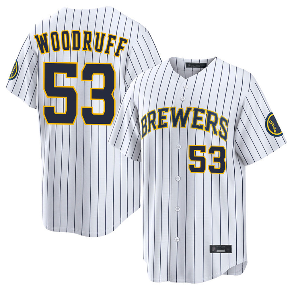 MATTH M.Brewers #53 Brandon Woodruff Player White Stripes Home Limited Game Stitched Jerseys