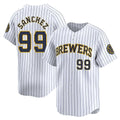 MATTH M.Brewers #99 Gary Sanchez Player White Stripes Home Game Stitched Jerseys