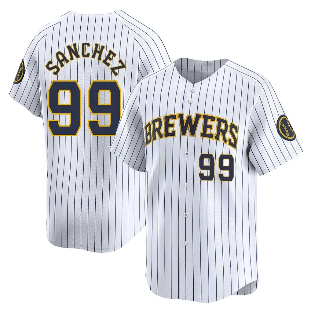 MATTH M.Brewers #99 Gary Sanchez Player White Stripes Home Game Stitched Jerseys