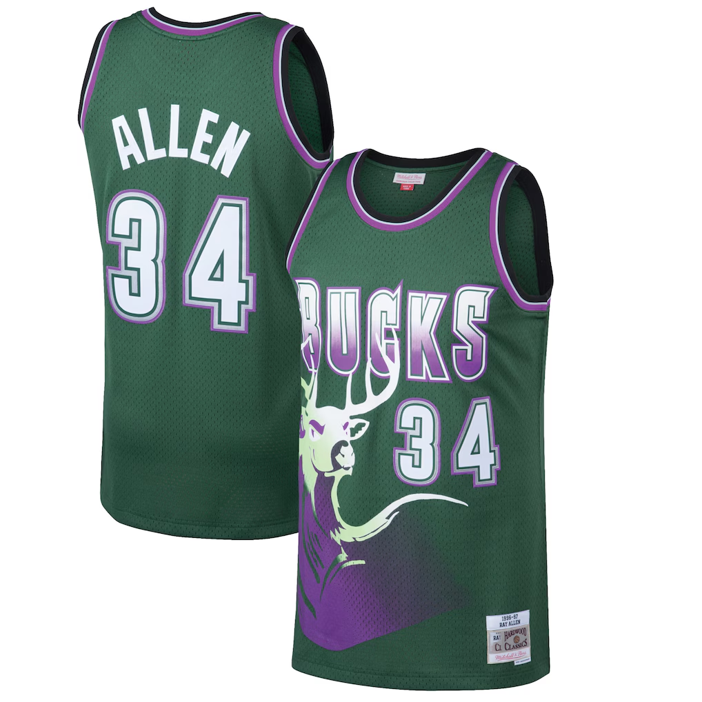 MATTH M.Bucks #34 Ray Allen Mitchell & Ness Kelly Green 199697 Hardwood Classics Swingman Jerseys