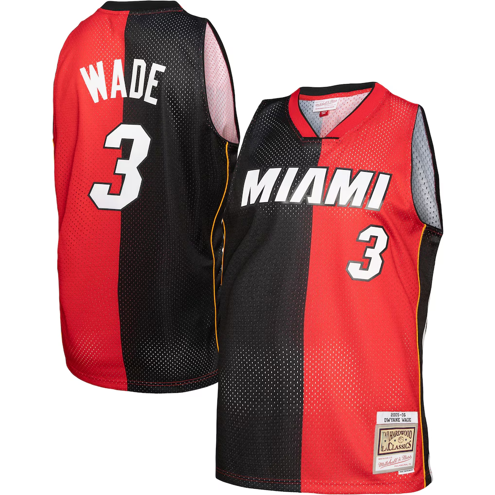 MATTH M.Heat #3 Dwayne Wade Mitchell & Ness Black Red Big & Tall Hardwood Classics 2005-06 Split Swingman Jerseys