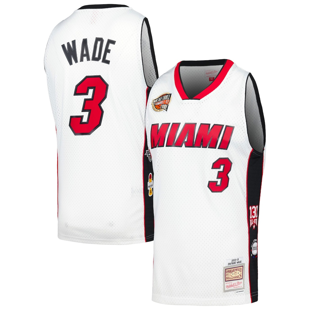 MATTH M.Heat #3 Dwyane Wade Mitchell & Ness White Hall of Fame Class of 2023 Throwback Swingman Jerseys