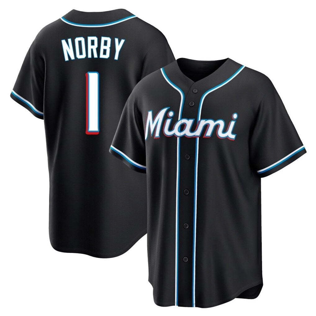 MATTH M.Marlins #1 Connor Norby Player Black Fashion Out Home Game Stitched Jerseys
