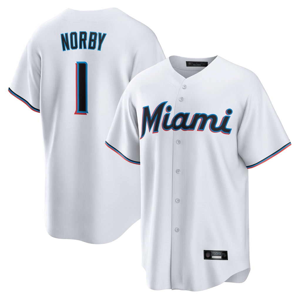 MATTH M.Marlins #1 Connor Norby Player White  Home Game Stitched Jerseys
