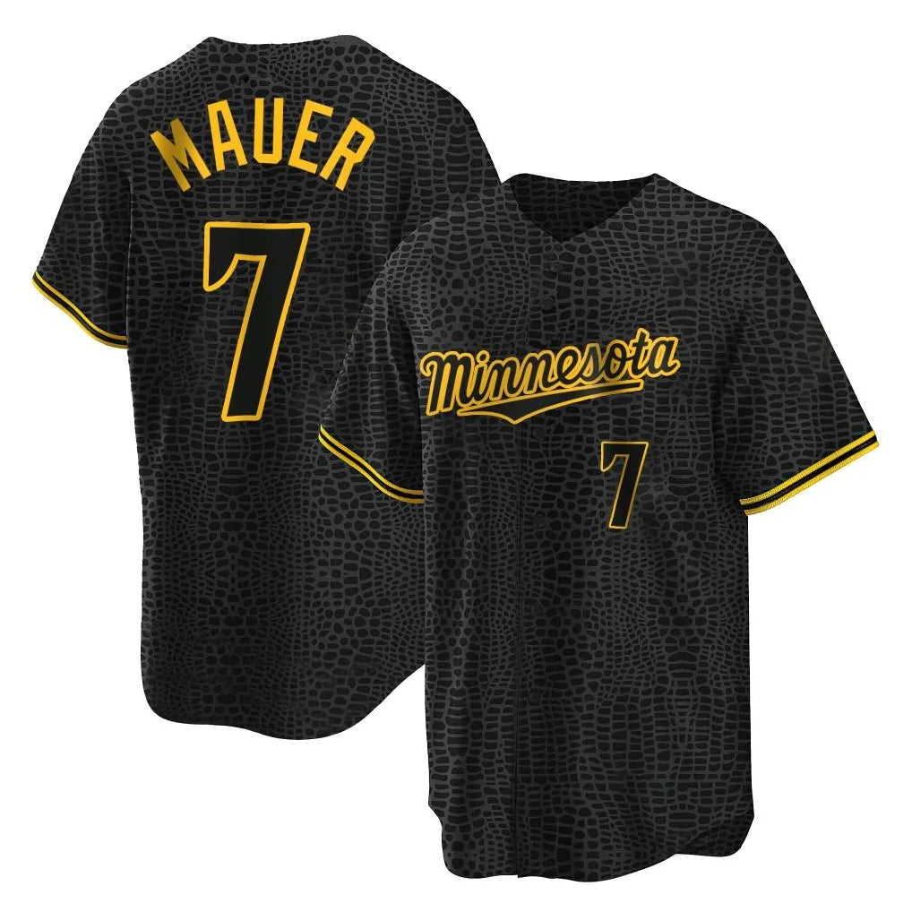 MATTH M.Twins #7 Joe Mauer Player Black Snake Skin City Home Game Stitched Jerseys