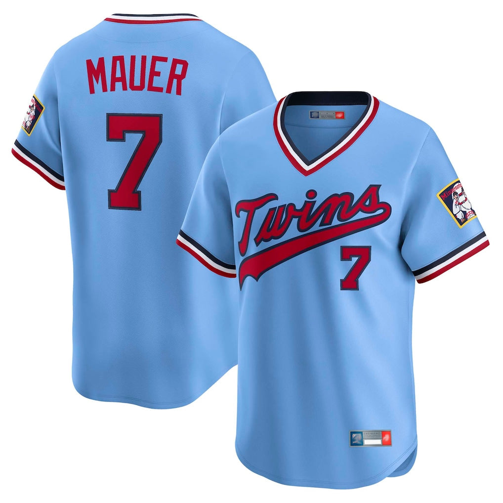 MATTH M.Twins #7 Joe Mauer Player Light Blue Throwback Cooperstown Collection Limited T-shirt Stitched Jerseys