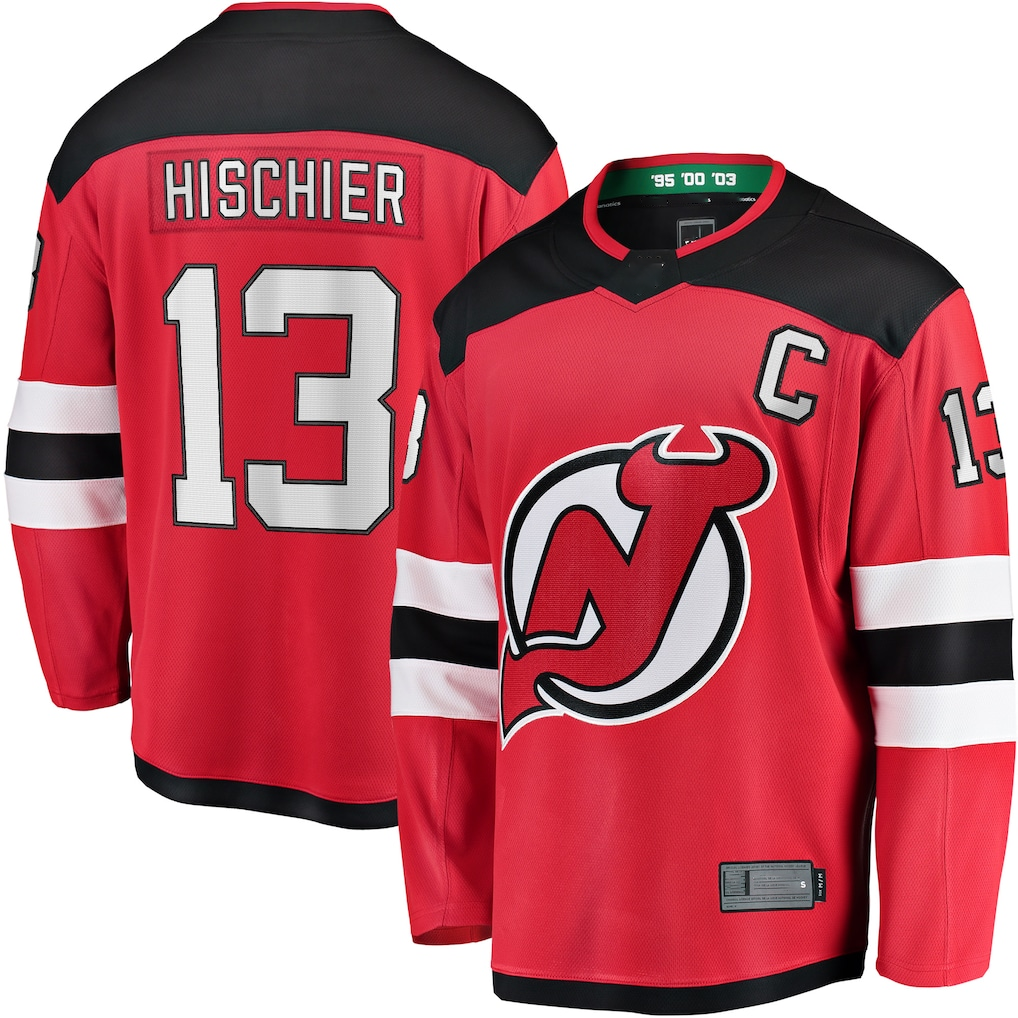 MATTH N.Jersey Devils #13 Nico Hischier Red Captain Patch Home Breakaway Jerseys