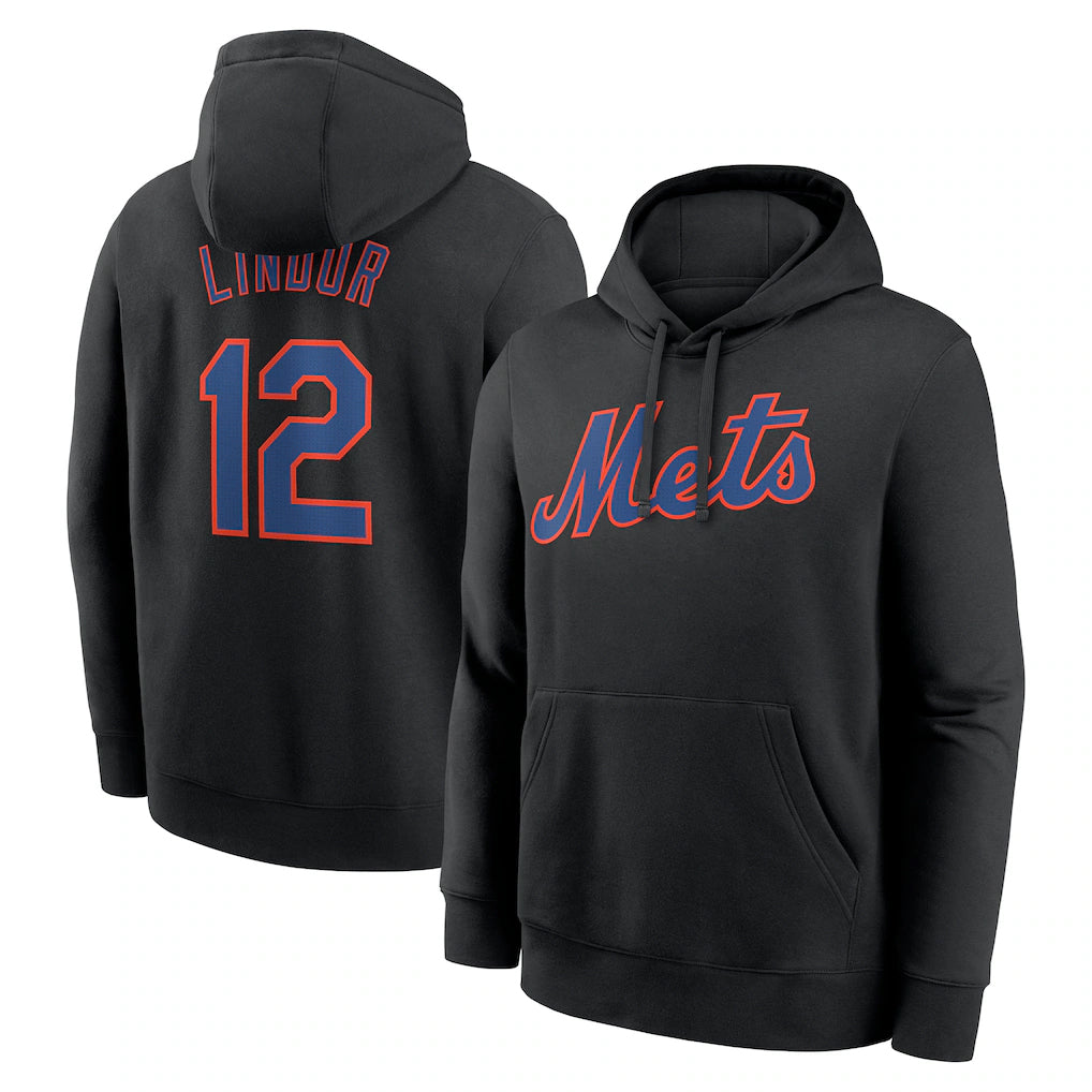 MATTH NY.Mets #12 Francisco Lindor Player Black Club Pullover Hoodie Game Stitched Jerseys