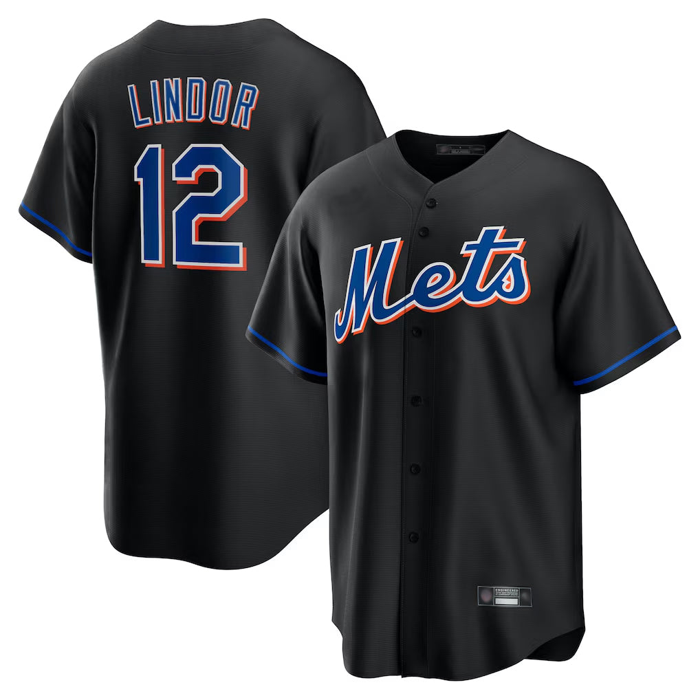 MATTH NY.Mets #12 Francisco Lindor Player Black Replica Home Game Stitched Jerseys