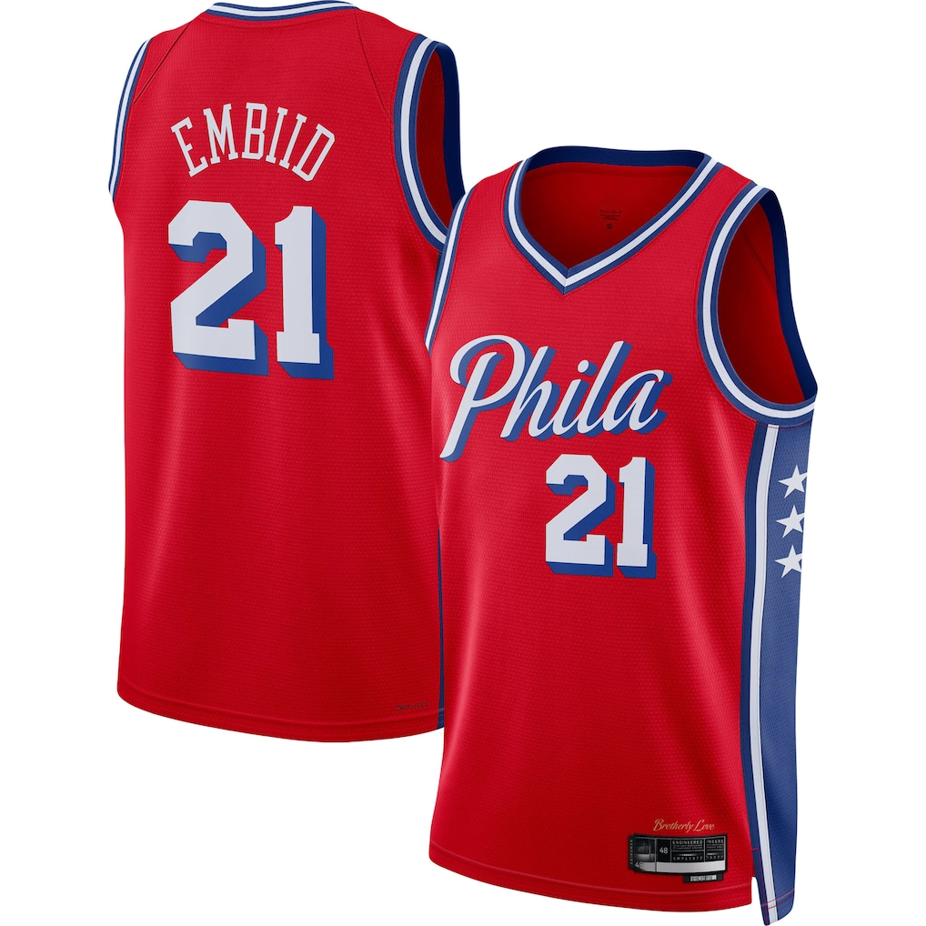 MATTH P.76ers #21 Joel Embiid Jordan Brand Red Swingman Jerseys - Statement Edition