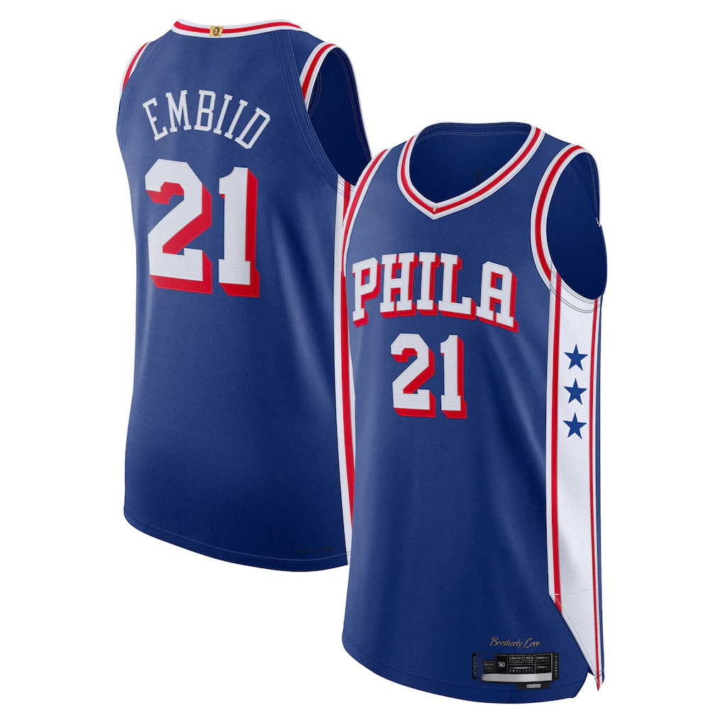 MATTH P.76ers #21 Joel Embiid Royal Authentic Jerseys - Icon Edition