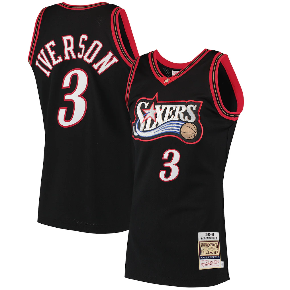 MATTH P.76ers #3 Allen Iverson Mitchell & Ness Black 1997-98 Hardwood Classics Authentic Jerseys