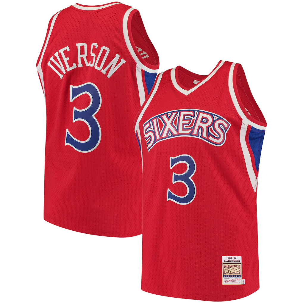 MATTH P.76ers #3 Allen Iverson Mitchell & Ness Red 199697 Hardwood Classics Authentic Jerseys