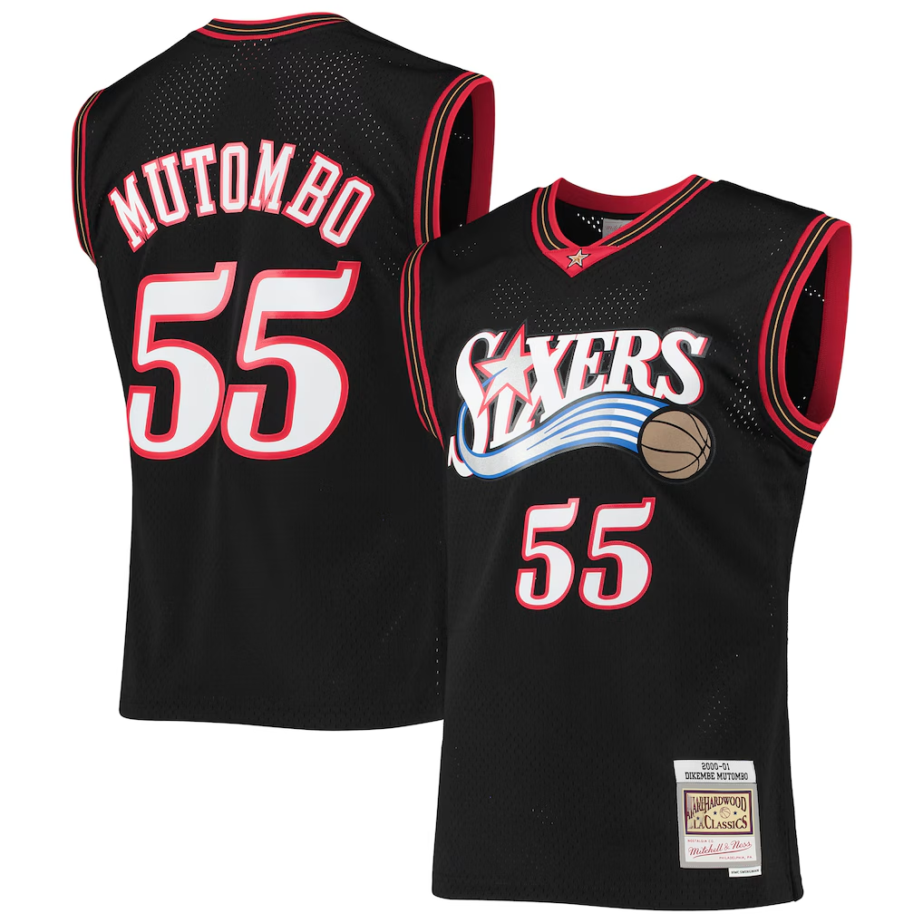 MATTH P.76ers #55 Dikembe Mutombo Mitchell & Ness Black Hardwood Classics Swingman Jerseys