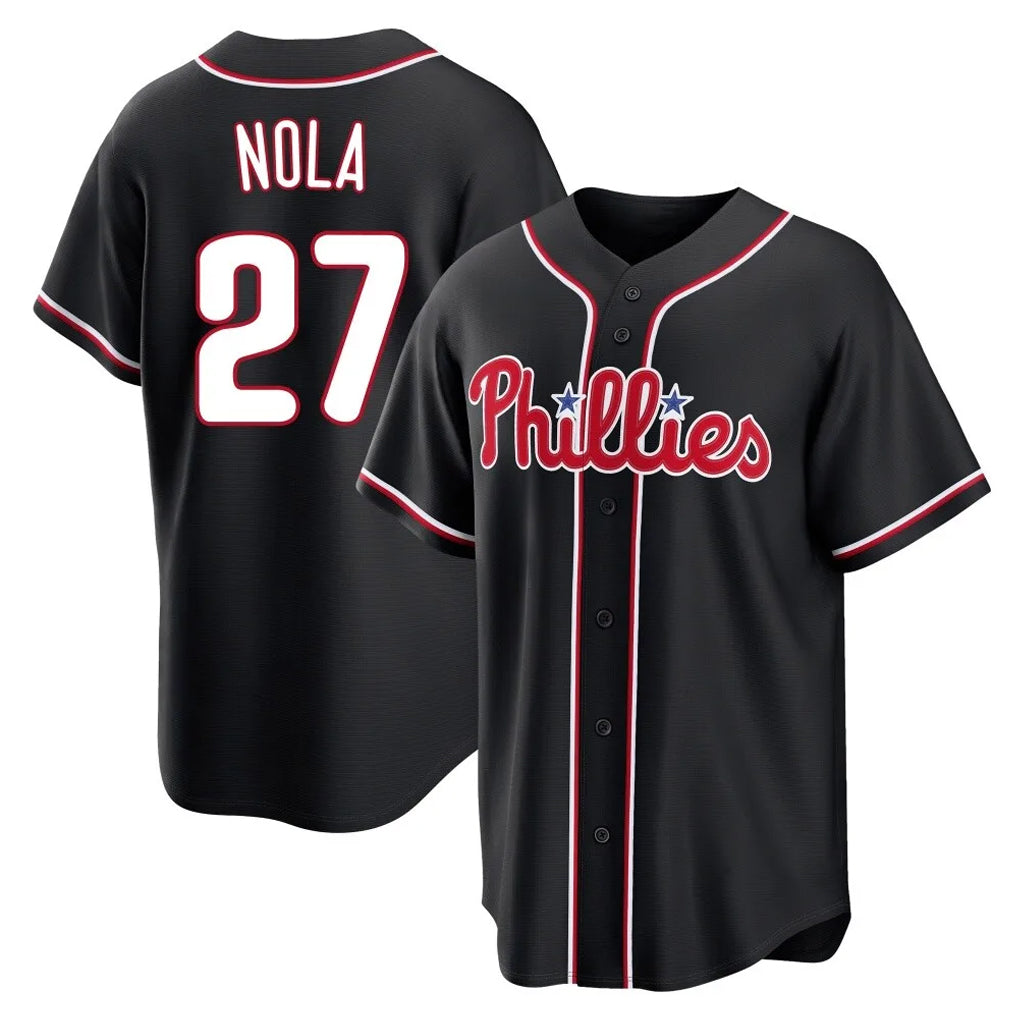 MATTH P.Phillies #27 Aaron Nola Player Black Fashion Out Home Game Stitched Jerseys