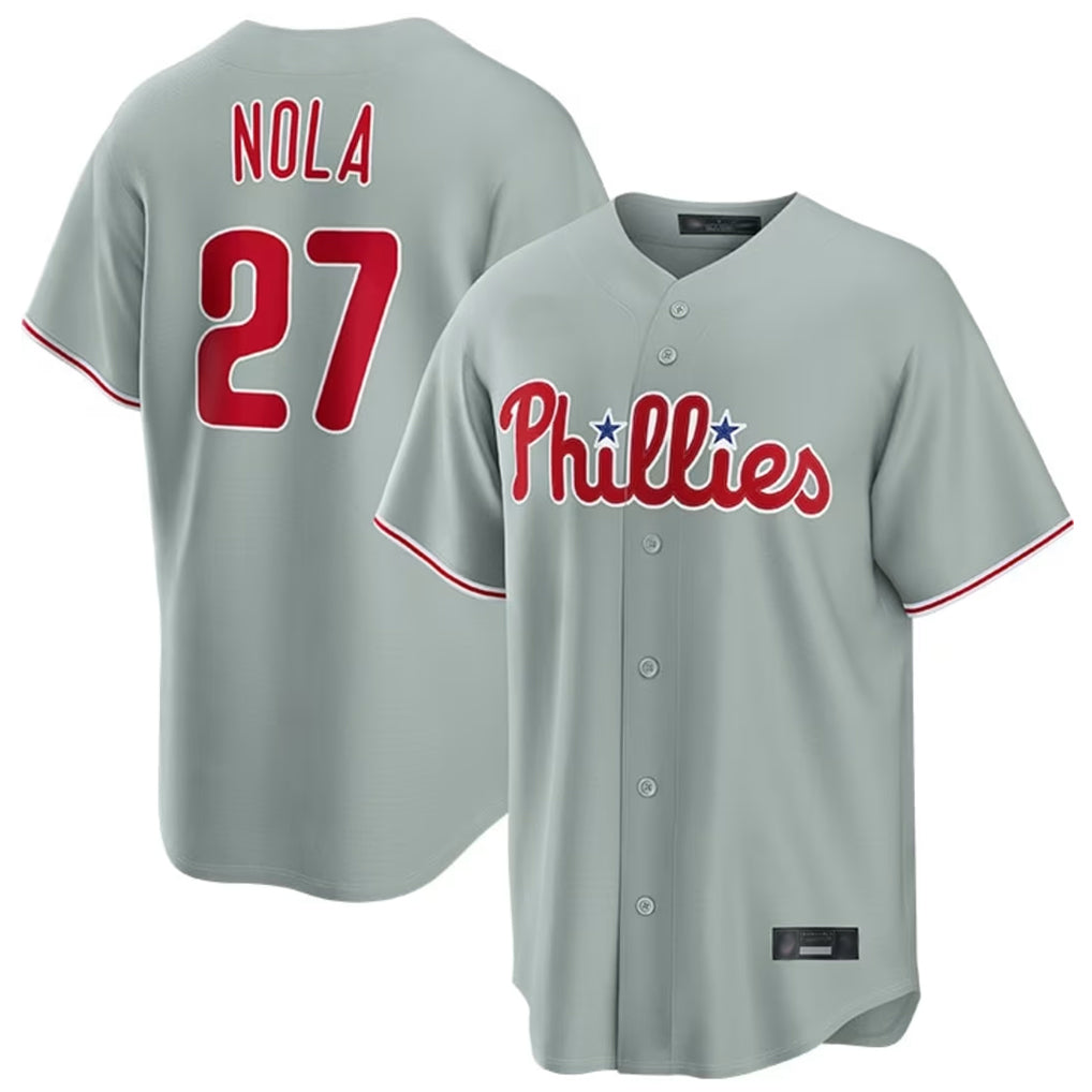 MATTH P.Phillies #27 Aaron Nola Player Gray Home Game Stitched Jerseys