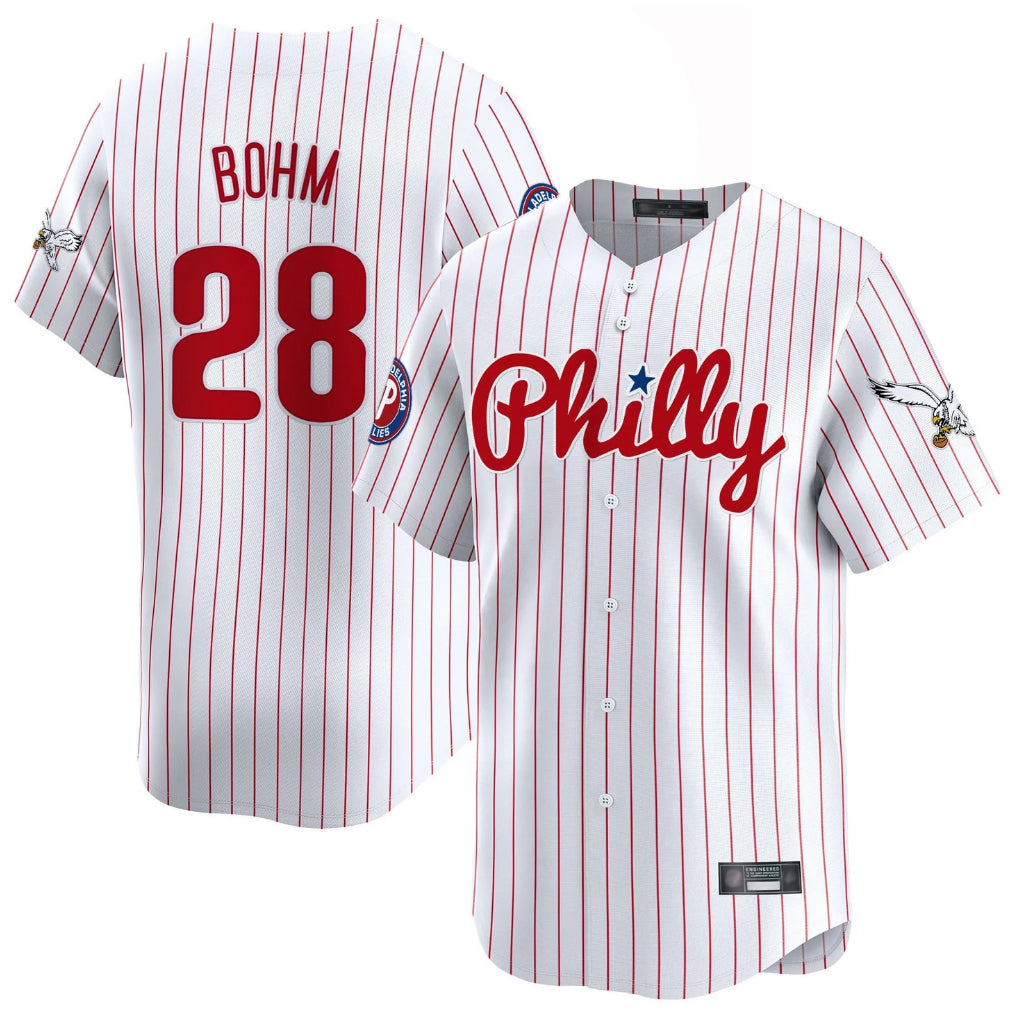 MATTH P.Phillies #28 Alec Bohm Player White Pinstripe Phillies & Eagles Vapor Premier Limited Stitched Jerseys