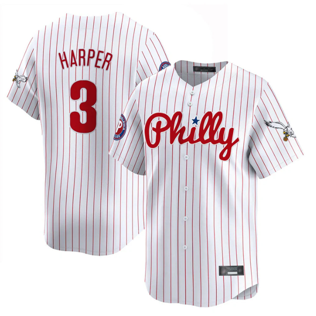 MATTH P.Phillies #3 Bryce Harper Player White Pinstripe Phillies & Eagles Vapor Premier Limited Stitched Jerseys