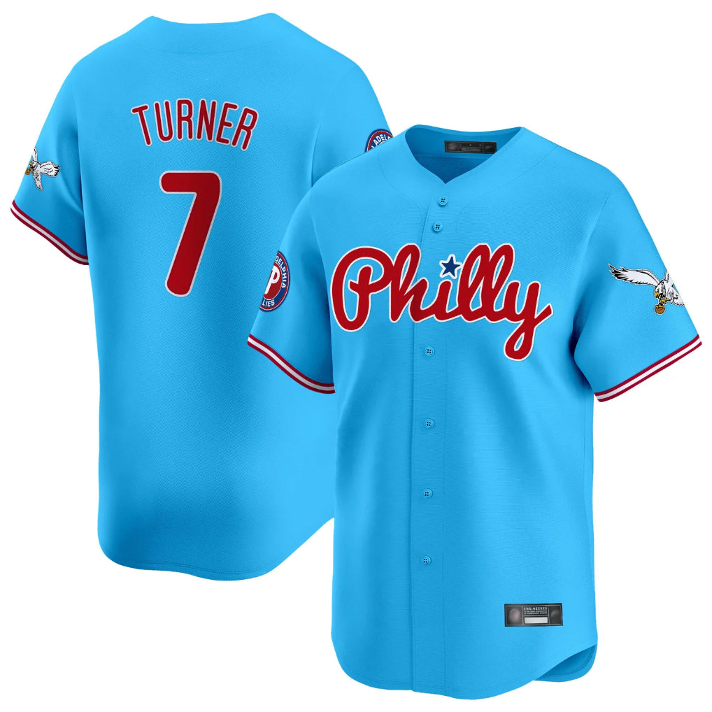 MATTH P.Phillies #7 Trea Turner Player Light Blue Phillies & Eagles Vapor Premier Limited Stitched Jerseys