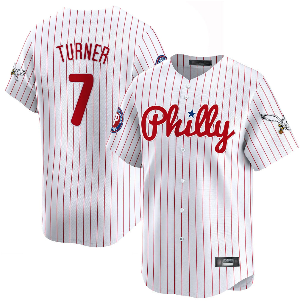 MATTH P.Phillies #7 Trea Turner Player White Pinstripe Phillies & Eagles Vapor Premier Limited Stitched Jerseys