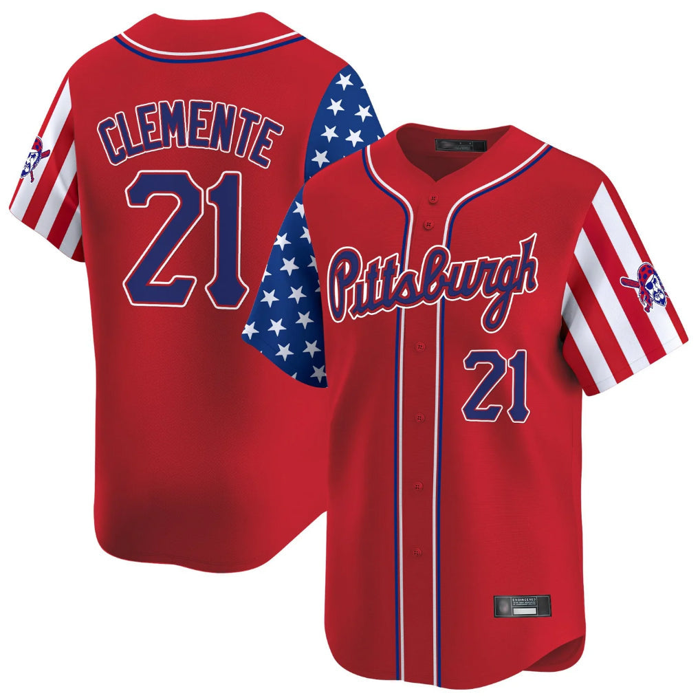 MATTH P.Pirates #21 Roberto Clemente Player Red 2025 Independence Day Vapor Premier Limited Stitched Jerseys