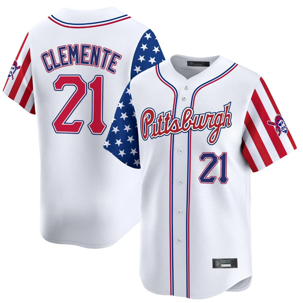 MATTH P.Pirates #21 Roberto Clemente Player White 2025 Independence Day Vapor Premier Limited Stitched Jerseys