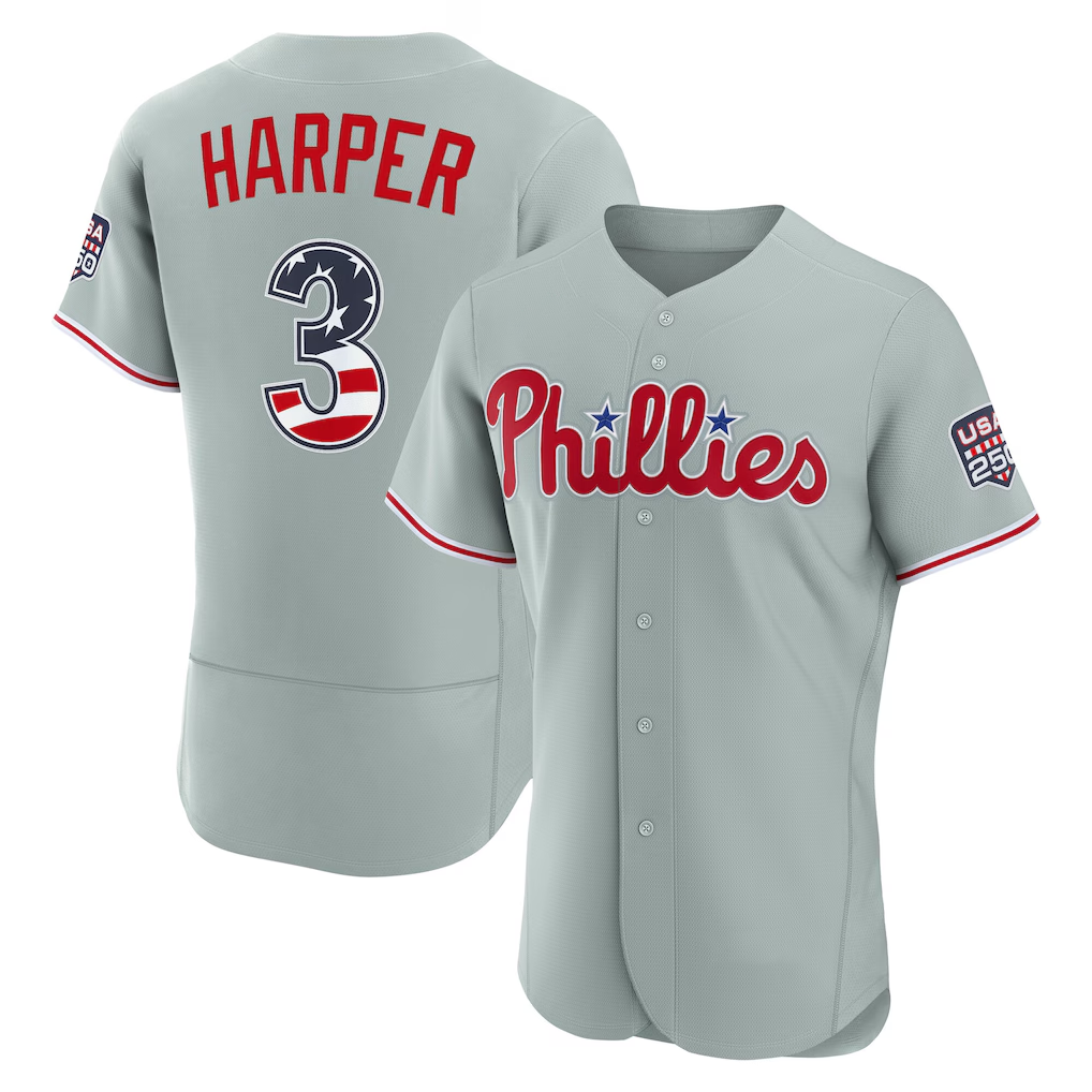 MATTH PH.Phillies #3 Bryce Harper Gray USA 250 Fourth of July Road Authentic Jersey