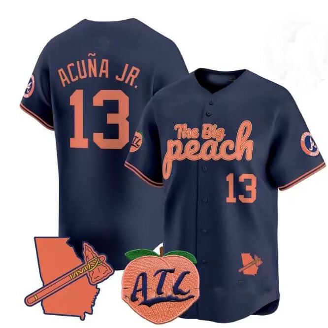MATTH A.Braves #13 Ronald Acuna Jr. NavyThe Big Peach Vapor Stitches Personalized Jersey