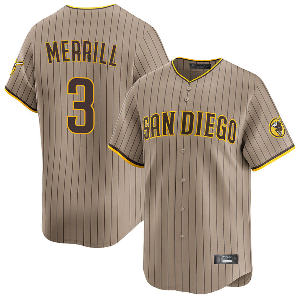 MATTH S.Diego Padres #3 Jackson Merrill Player Khaki Home Limited Stitched Jerseys