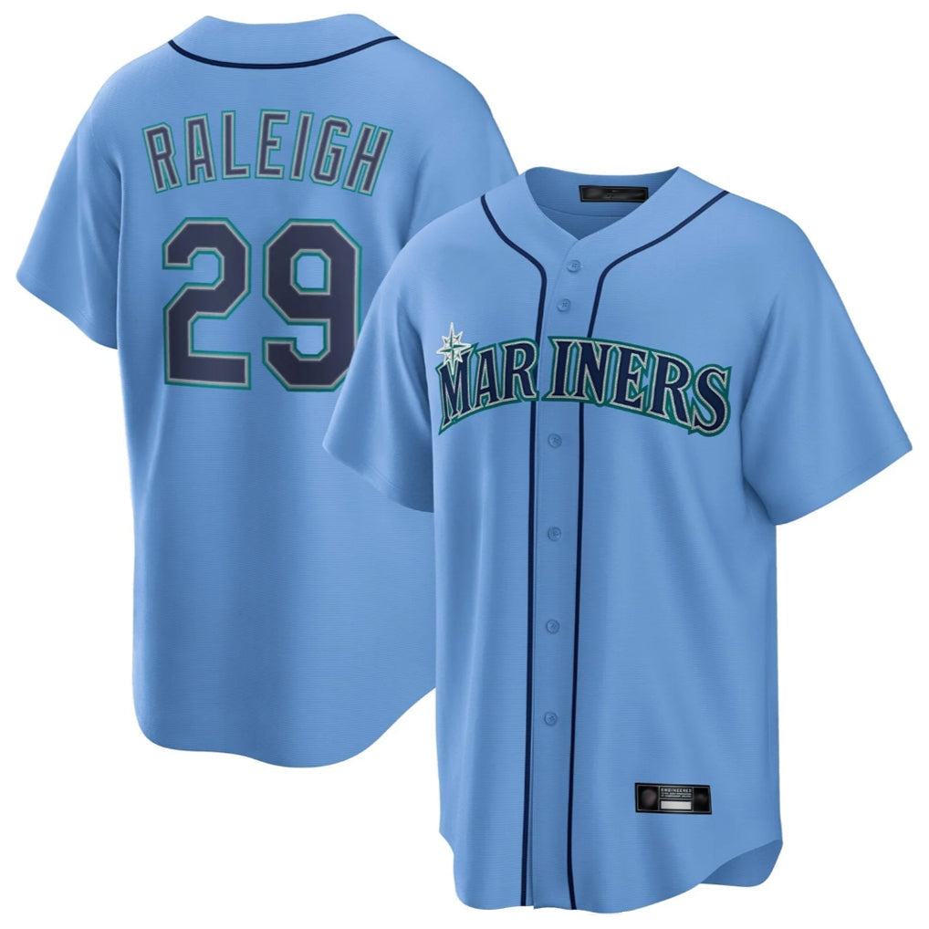 MATTH S.Mariners #29 Cal Raleigh Player Light Blue Home Game Stitched Jerseys