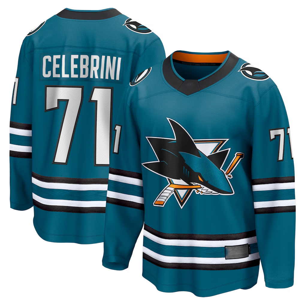 MATTH S.Jose Sharks #71 Macklin Celebrini Teal Home Breakaway Jerseys