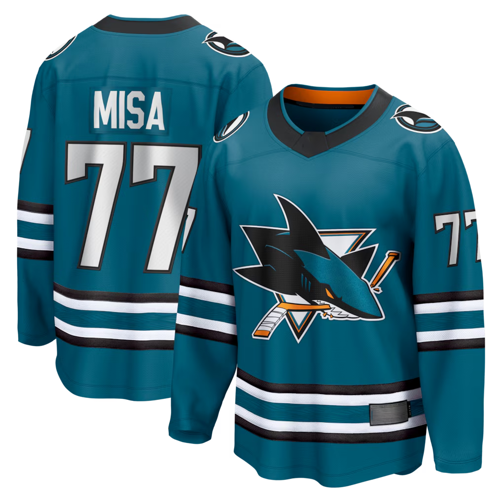 MATTH S.Jose Sharks #77 Michael Misa Teal Breakaway Jerseys