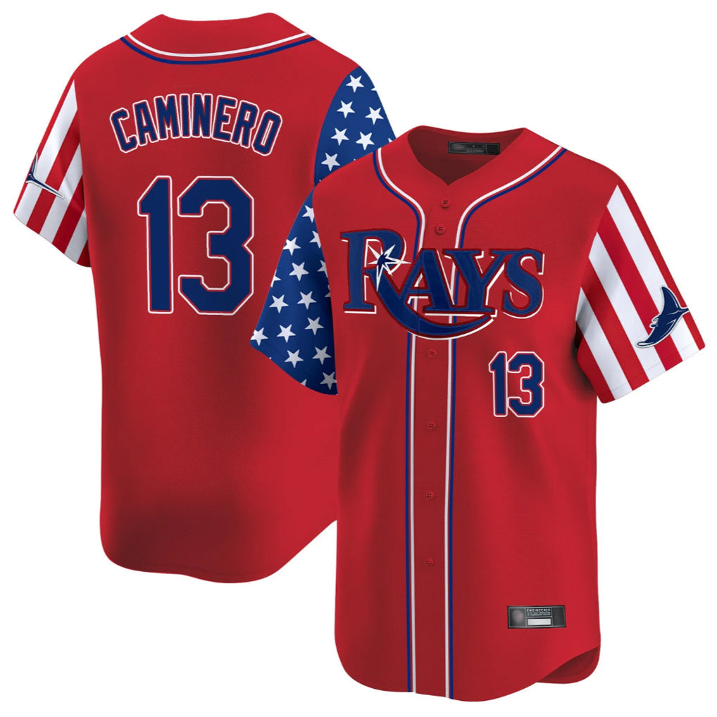 MATTH TB.Rays #13 Junior Caminero Player Red 2025 Independence Day Vapor Premier Limited Stitched Jerseys