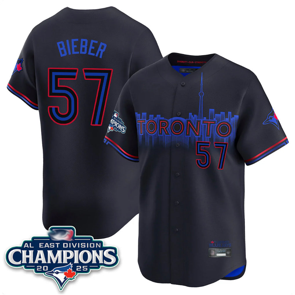 MATTH T.Blue Jays #57 Shane Bieber Player Black AL East Division City Connect Stitched Jerseys