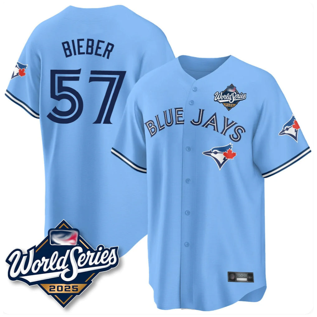 MATTH T.Blue Jays #57 Shane Bieber Player Blue 2025 World Series All Stitched Jerseys