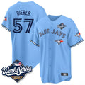MATTH T.Blue Jays #57 Shane Bieber Player Blue 2025 World Series All Stitched Jerseys