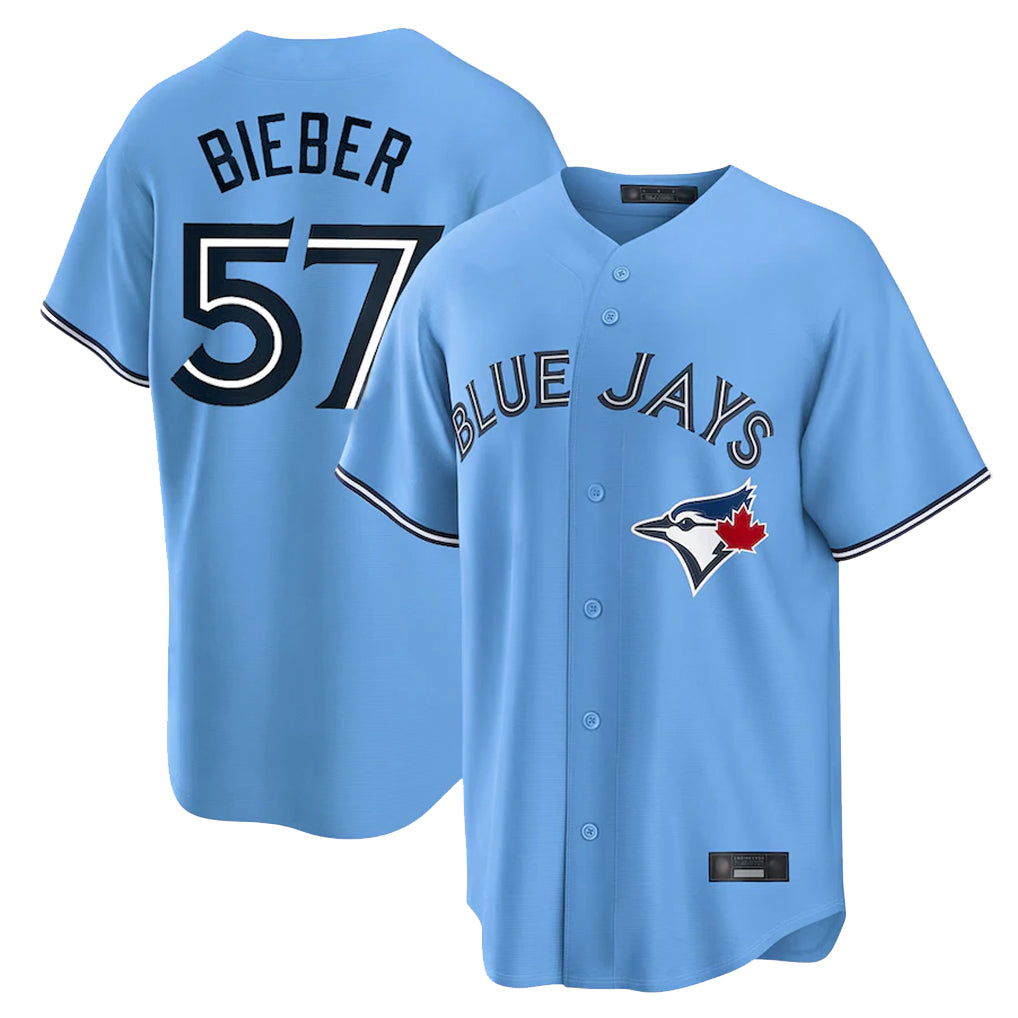 MATTH T.Blue Jays #57 Shane Bieber Player Blue Home Stitched Jerseys