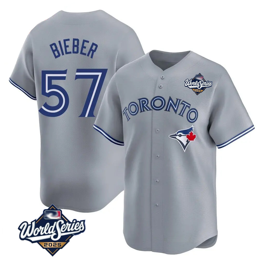 MATTH T.Blue Jays #57 Shane Bieber Player Gray 2025 World Series All Stitched Jerseys