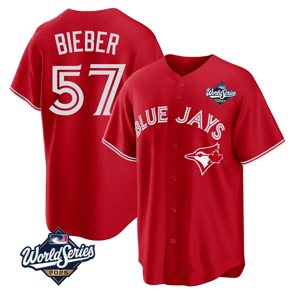MATTH T.Blue Jays #57 Shane Bieber Player Red 2025 World Series All Stitched Jerseys