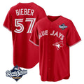 MATTH T.Blue Jays #57 Shane Bieber Player Red 2025 World Series All Stitched Jerseys