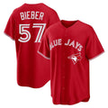 MATTH T.Blue Jays #57 Shane Bieber Player Red Home Stitched Jerseys