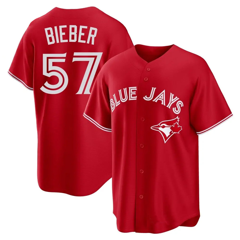 MATTH T.Blue Jays #57 Shane Bieber Player Red Home Stitched Jerseys