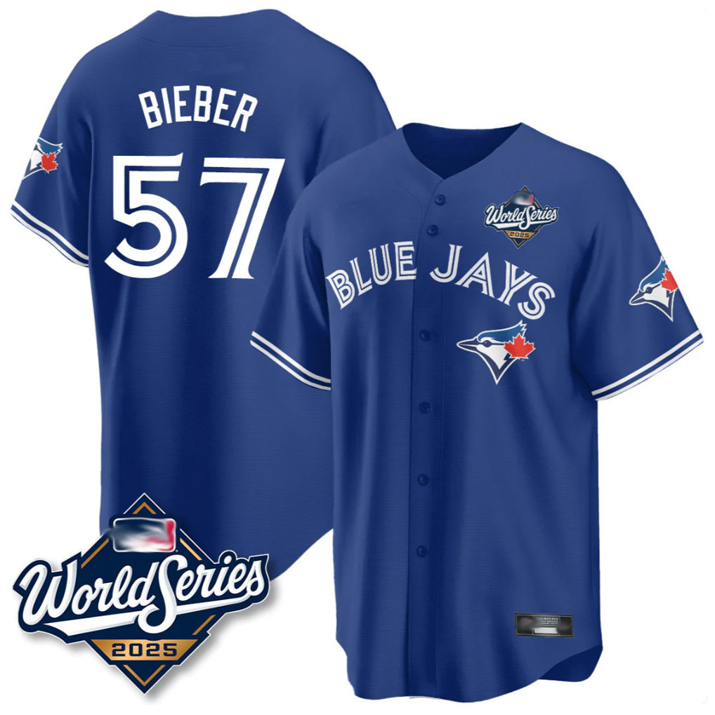 MATTH T.Blue Jays #57 Shane Bieber Player Royal 2025 World Series All Stitched Jerseys